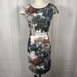 NWT WHBM Ecru Dreamscape Treescape/Forest Scuba Sheath Dress Size 0 NWT Back Zip